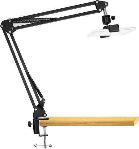 Overhead Video Stand Phone Holder Articulating Arm Phone Mount Table Top Scissor Boom Arm Articulating Phone Stand Tablet Phone Holder for Streaming Phone Baking Crafting