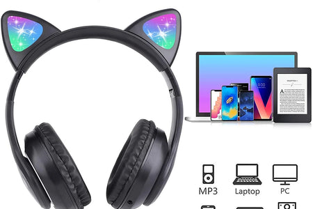 Kids Headphones, Cat Ear Wireless Headphones, LED Light up Kids Bluetooth Headphones over on Ear Black