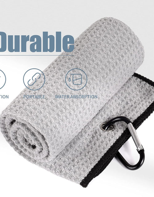 Load image into Gallery viewer, Tri-Fold Golf Towel | Premium Microfiber Fabric | Waffle Pattern | Heavy Duty Carabiner Clip | 14 Color Options
