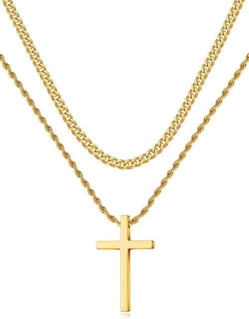 Load image into Gallery viewer, Stainless Steel Cross Necklaces for Men Layered Cuban Link Chain Rope Chain Mens Cross Necklaces Black Silver Gold Cross Pendant Necklace for Men Women 16-26 Inches
