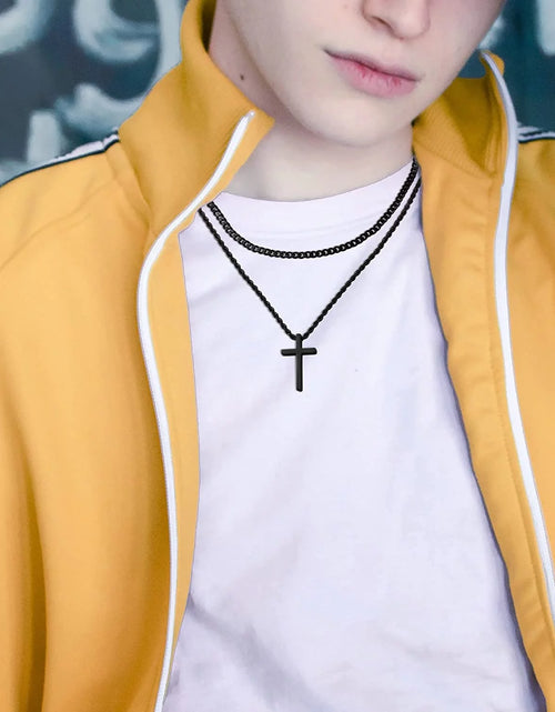 Load image into Gallery viewer, Stainless Steel Cross Necklaces for Men Layered Cuban Link Chain Rope Chain Mens Cross Necklaces Black Silver Gold Cross Pendant Necklace for Men Women 16-26 Inches

