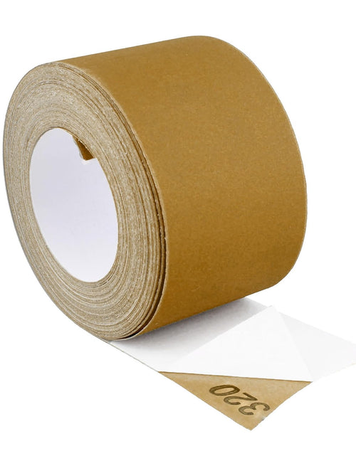 Load image into Gallery viewer, Adhesive Sticky Back 320-Grit Sandpaper Roll 2-3/4In X 20 Yards Aluminum Oxide Golden Yellow Longboard Dura PSA
