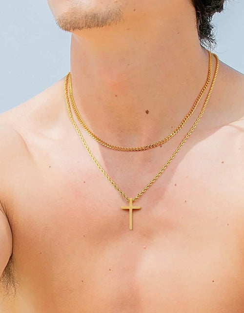 Load image into Gallery viewer, Stainless Steel Cross Necklaces for Men Layered Cuban Link Chain Rope Chain Mens Cross Necklaces Black Silver Gold Cross Pendant Necklace for Men Women 16-26 Inches
