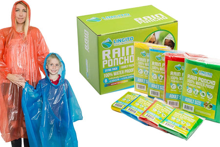 Rain Ponchos Family Pack | Emergency Raincoat Drawstring Hood Poncho for Children and Adults | Lightweight Reusable or Disposable