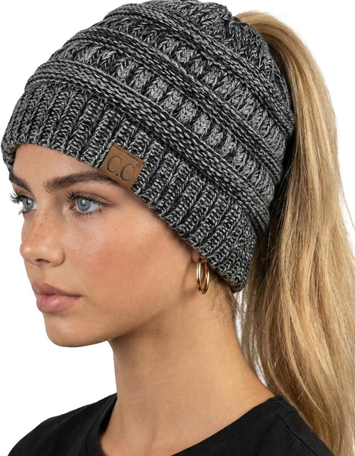 Load image into Gallery viewer, Women'S Beanie Ponytail Messy Bun Beanietail Multi Color Ribbed Hat Cap

