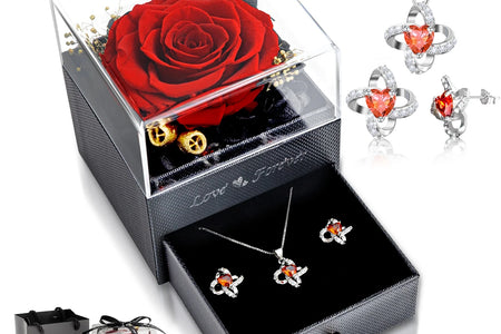 Eternal Rose with Necklace Earrings Set Birthday Gifts for Women Mom Preserved Real Flowers Mothers Day Valentines Day Gifts Anniversary Jewelry Sets for Women Grandma Wife Girlfriend Her (Red)