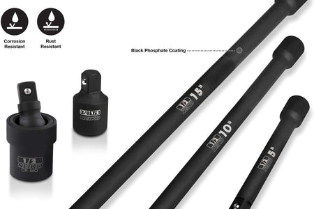 00256A 1/2-Inch Drive Impact Extension Bar and Adapter Set, 5-Piece | Includes 5, 10, 15-Inch Extension Bars, Universal Joint, and Reducer