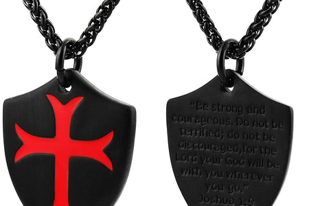 Knights Templar Cross Joshua 1:9 Shield Stainless Steel Pendant Necklace with 22+2 Inch Chain