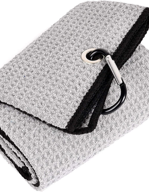 Load image into Gallery viewer, Tri-Fold Golf Towel | Premium Microfiber Fabric | Waffle Pattern | Heavy Duty Carabiner Clip | 14 Color Options
