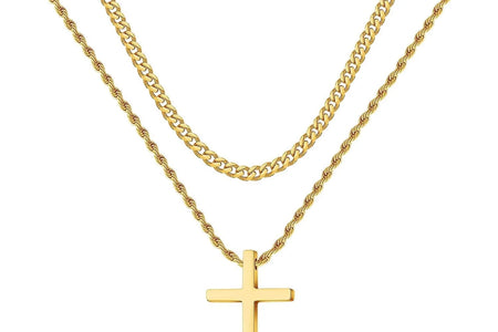 Stainless Steel Cross Necklaces for Men Layered Cuban Link Chain Rope Chain Mens Cross Necklaces Black Silver Gold Cross Pendant Necklace for Men Women 16-26 Inches