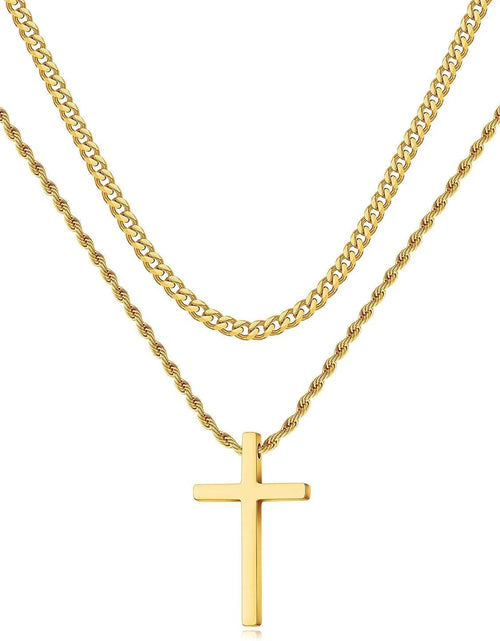 Load image into Gallery viewer, Stainless Steel Cross Necklaces for Men Layered Cuban Link Chain Rope Chain Mens Cross Necklaces Black Silver Gold Cross Pendant Necklace for Men Women 16-26 Inches
