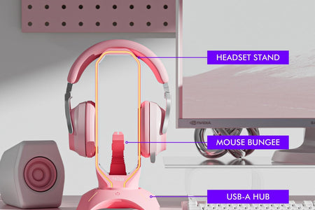 RGB Gaming Headset Stand - 3 in 1 Pink with Mouse Bungee and 2 Port USB Hub Charger - the Ultimate Accessory and Gamer Gift - Headphone Holder for Desk