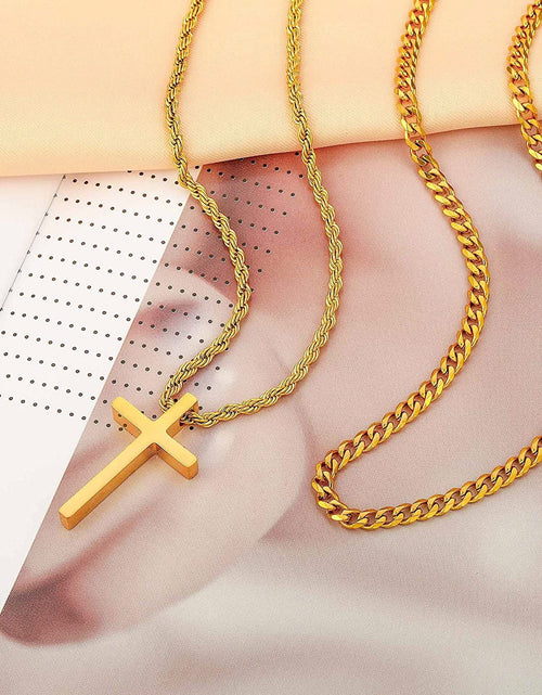 Load image into Gallery viewer, Stainless Steel Cross Necklaces for Men Layered Cuban Link Chain Rope Chain Mens Cross Necklaces Black Silver Gold Cross Pendant Necklace for Men Women 16-26 Inches
